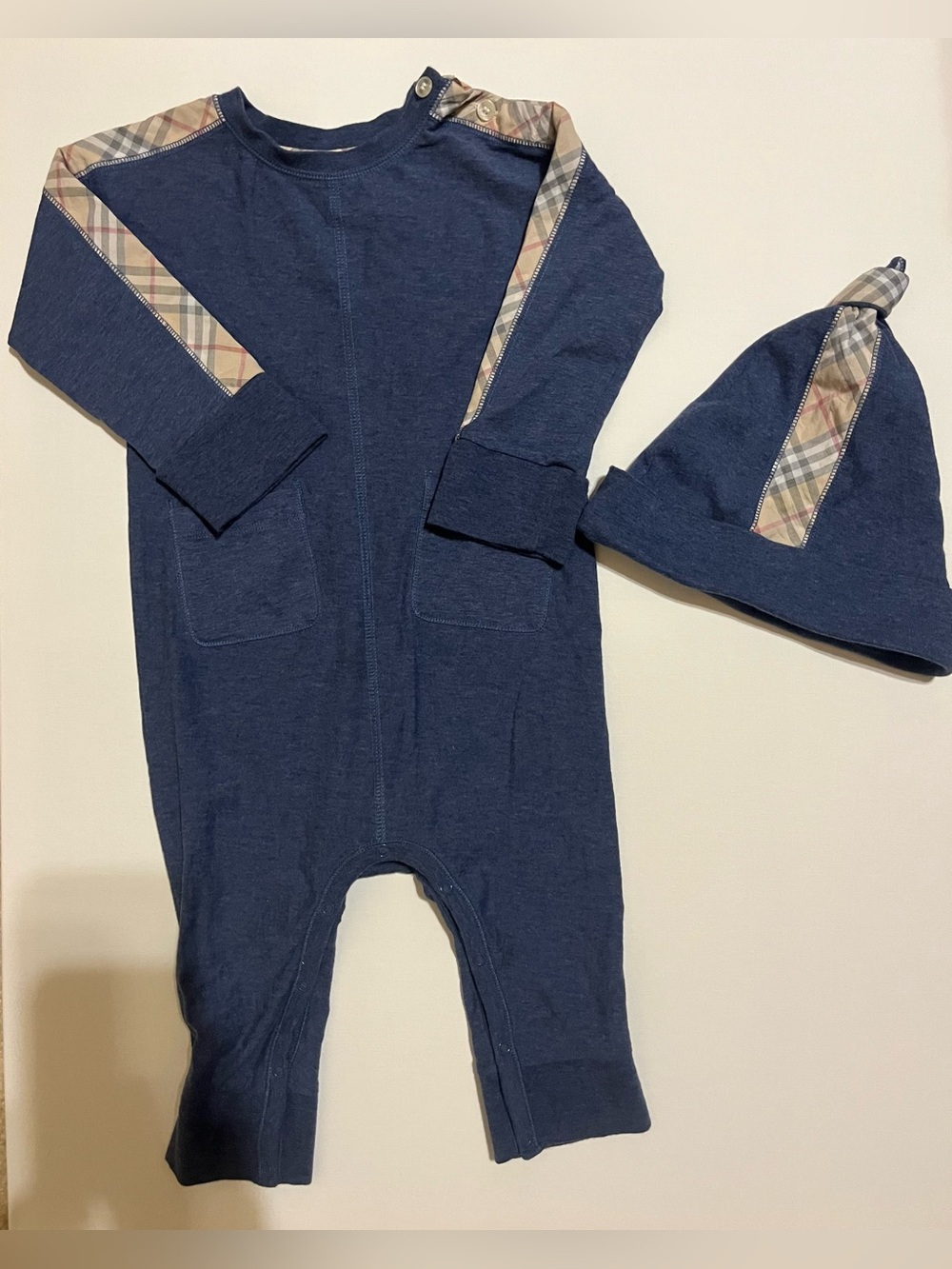 Burberry Classic Navy One-Piece Romper with Matching Hat